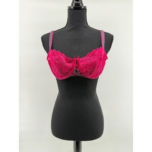 Aubade Paris Hot Pink & Black Lace Underwire Bra Tassels Women's Size 30C